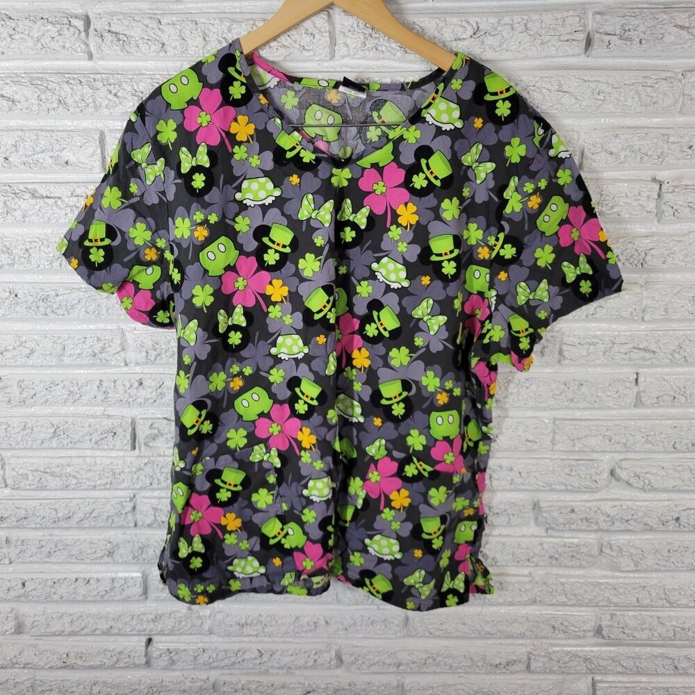 Disney Mickey Minnie St. Patrick’s Day Scrub Top 3XL Gray Green Unisex NOV231E